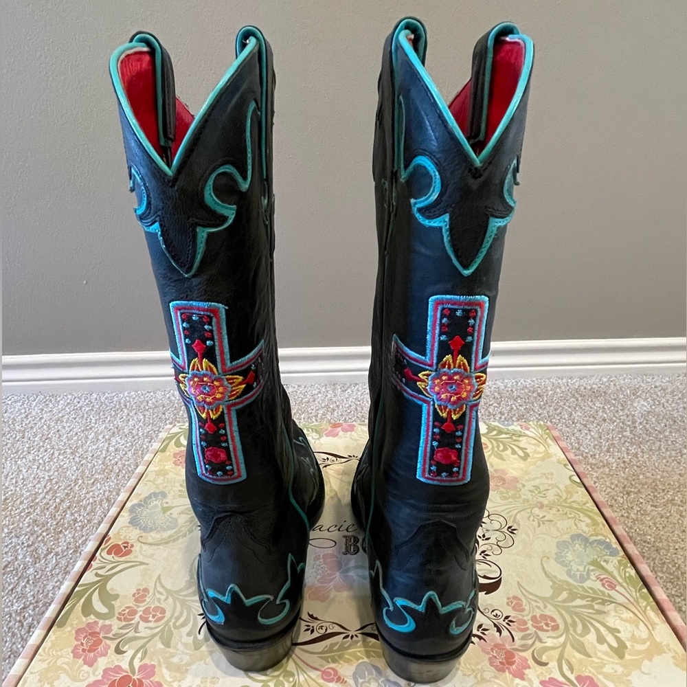 Macie Bean Black and Turquoise Heeled Boots, Size 7M - Picture 2 of 15